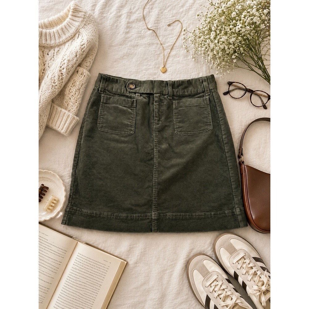 Sahalie Olive Green Corduroy Mini Skirt Womens 10 Utility Pocket A-Line Cotton